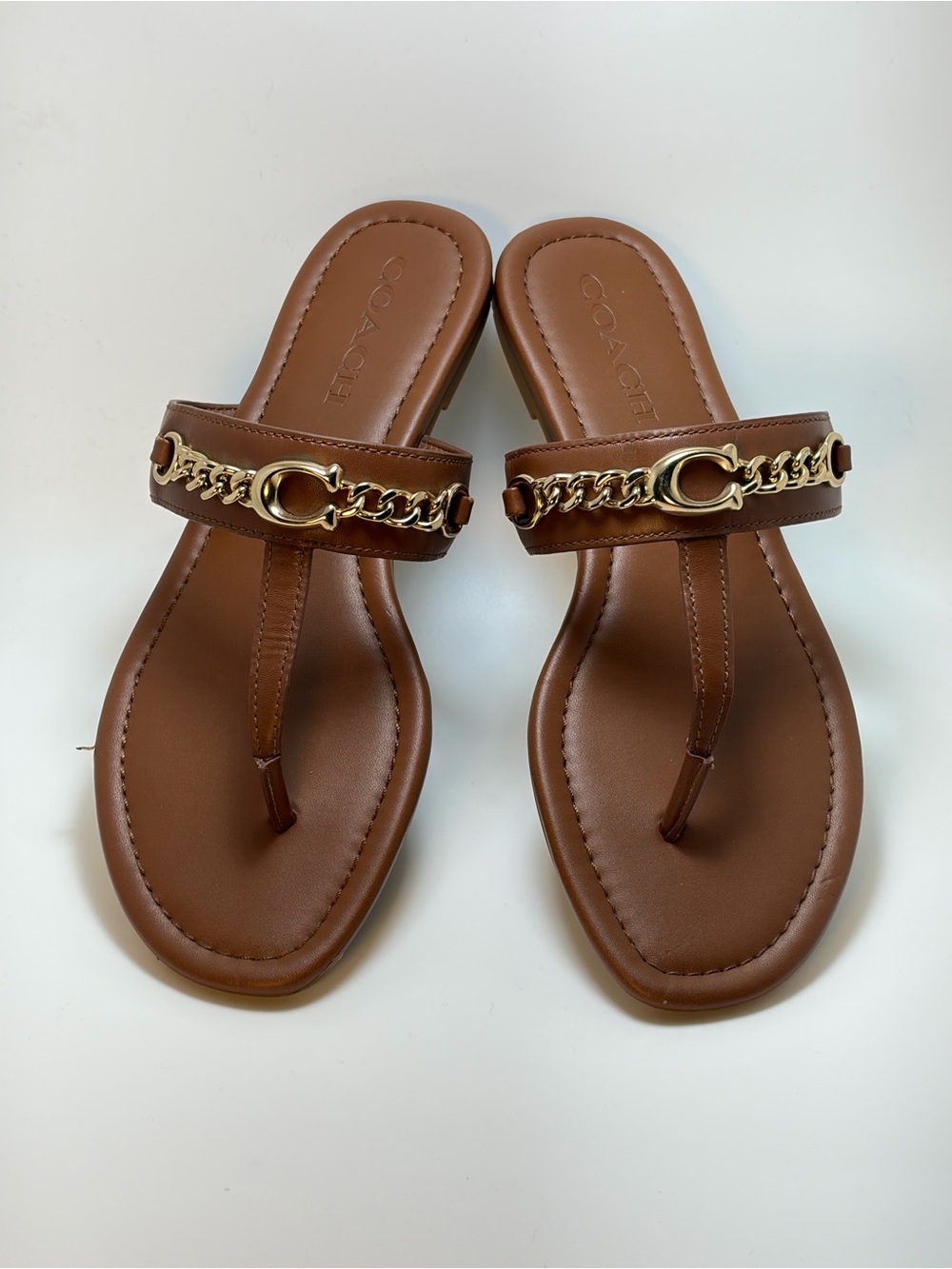 Coach Jaclyn Sandals Brown Gold Chain Women’s Size 8 Leather Thong Flat